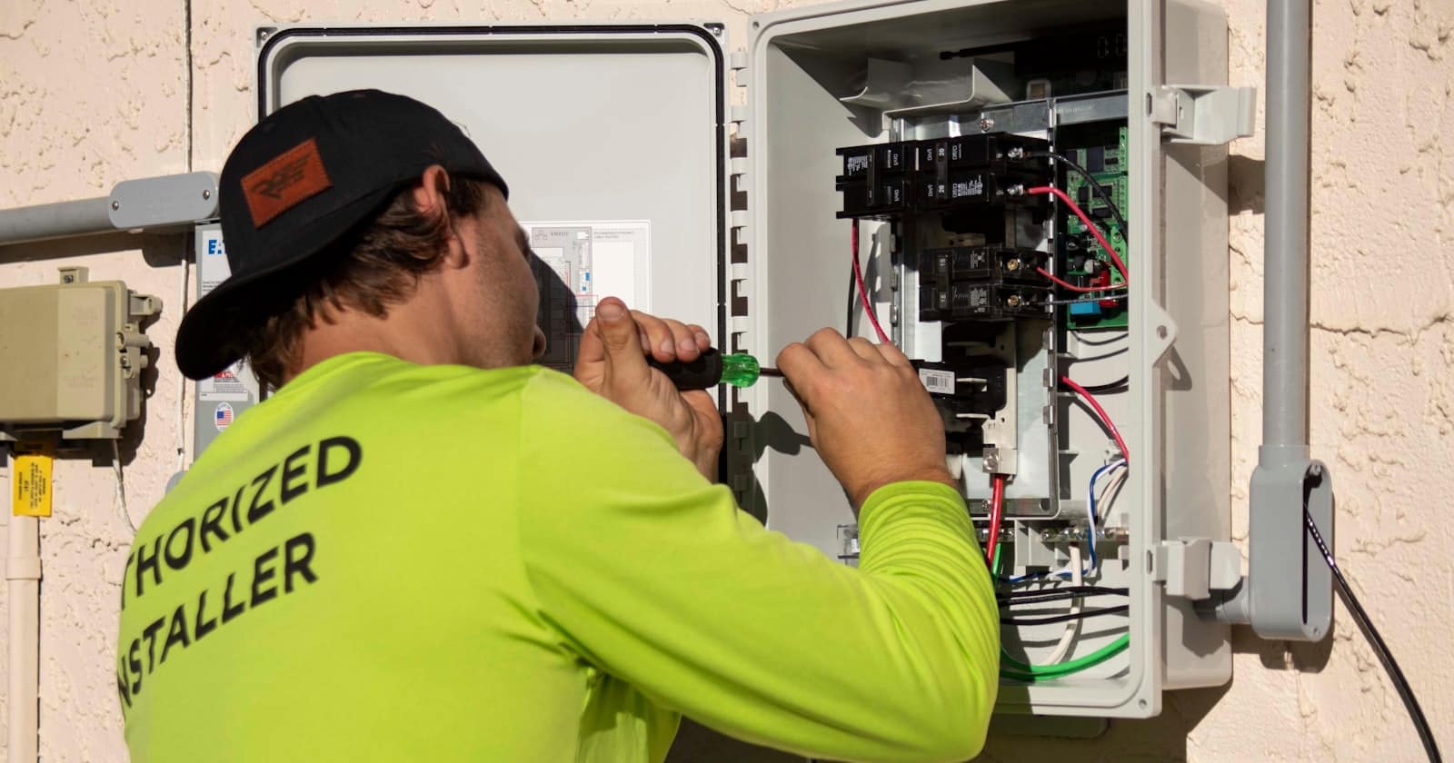A technician working beside a service van
